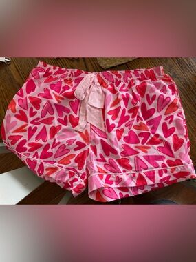 Mud Pie Pink and Red Heart Tie-Waist Lounge Shorts Oversized